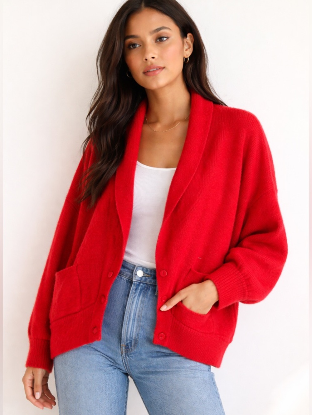 Lisa international Women's Red Shawl-Collar Cardigan